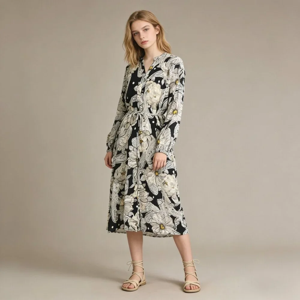 NWOT JOHNNY WAS Biya Silk Long Sleeves Floral Midi Dress Boho Chic Sz S - Picture 1 of 12